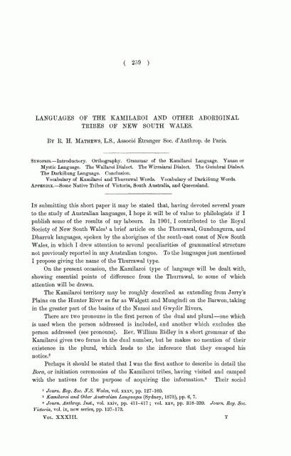 R.H. Mathews publishes "Languages of the Kamilaroi and other Aboriginal tribes of the NSW" including Darkinung 1903, p259 Intro
